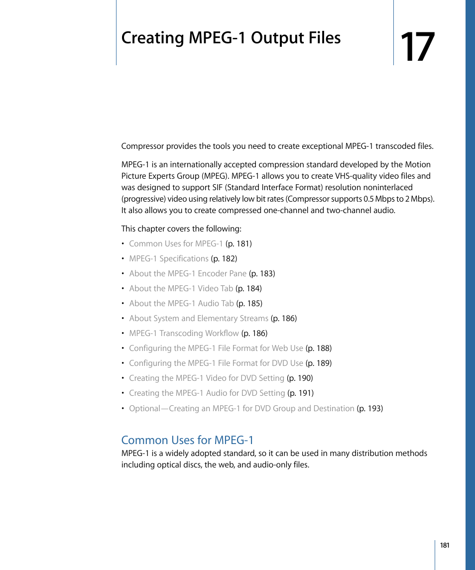 Creating mpeg-1 output files, Common uses for mpeg-1 | Apple Compressor 3 User Manual | Page 181 / 368