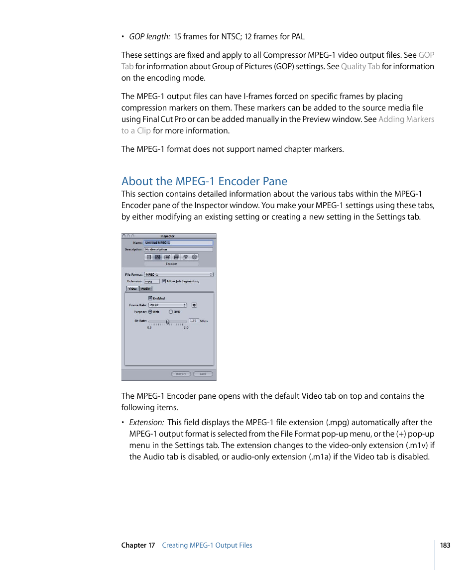 About the mpeg-1 encoder pane | Apple Compressor 3 User Manual | Page 183 / 368