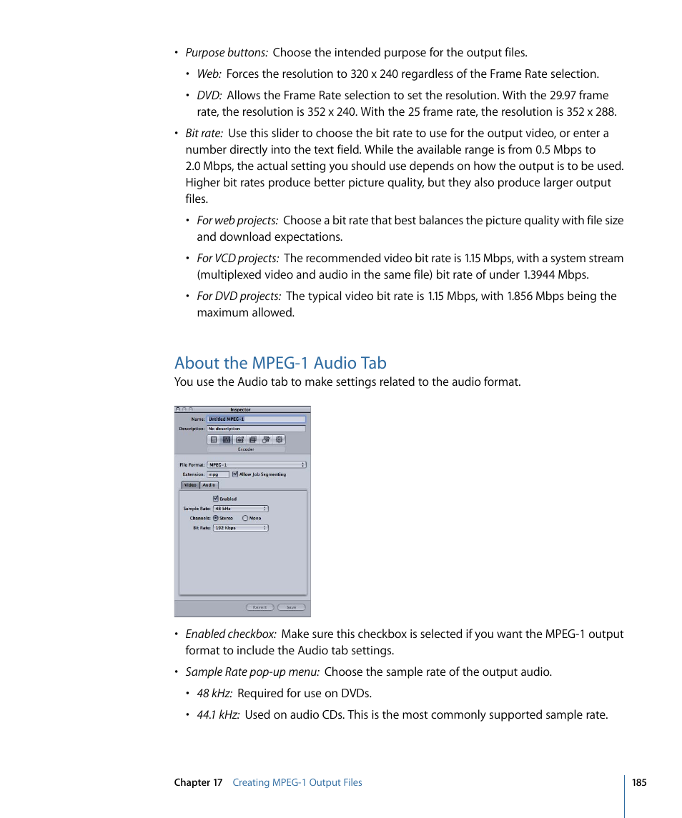 About the mpeg-1 audio tab | Apple Compressor 3 User Manual | Page 185 / 368