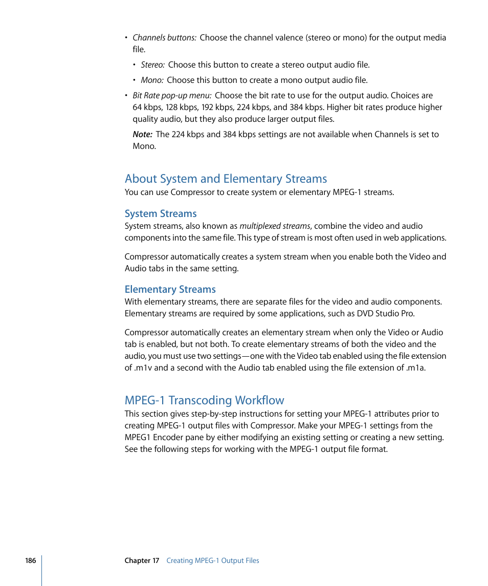 About system and elementary streams, System streams, Elementary streams | Mpeg-1 transcoding workflow | Apple Compressor 3 User Manual | Page 186 / 368