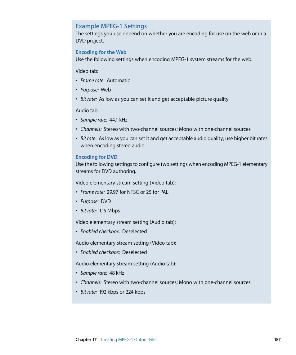 Example mpeg-1 settings | Apple Compressor 3 User Manual | Page 187 / 368