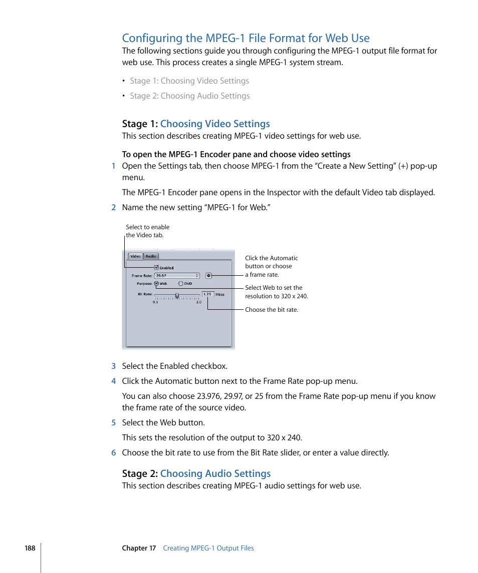 Configuring the mpeg-1 file format for web use, Stage 1: choosing video settings, Stage 2: choosing audio settings | Apple Compressor 3 User Manual | Page 188 / 368