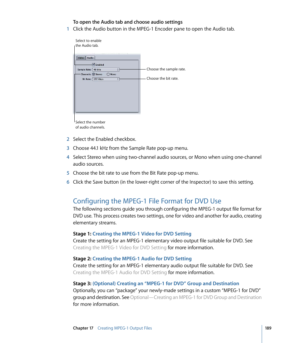 Configuring the mpeg-1 file format for dvd use | Apple Compressor 3 User Manual | Page 189 / 368