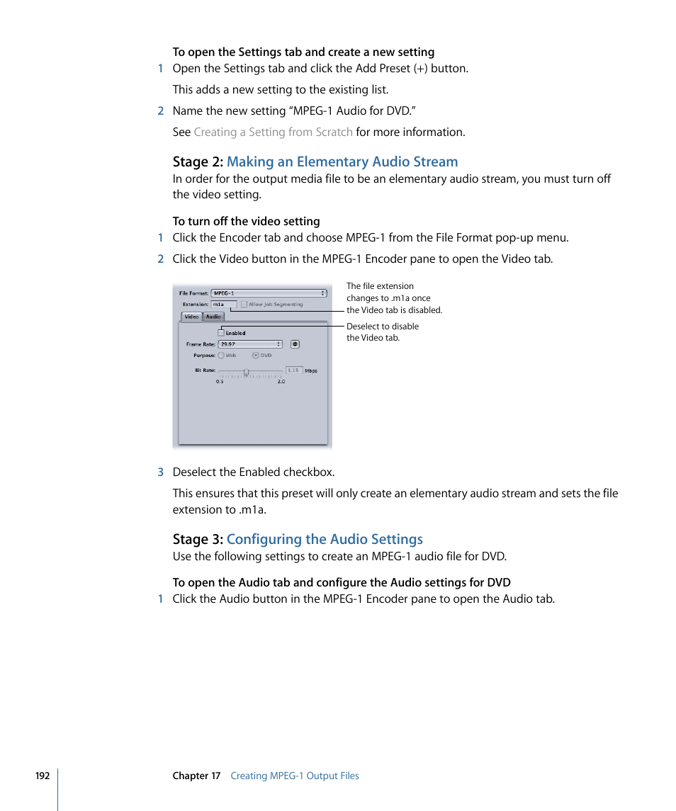 Stage 2: making an elementary audio stream, Stage 3: configuring the audio settings | Apple Compressor 3 User Manual | Page 192 / 368