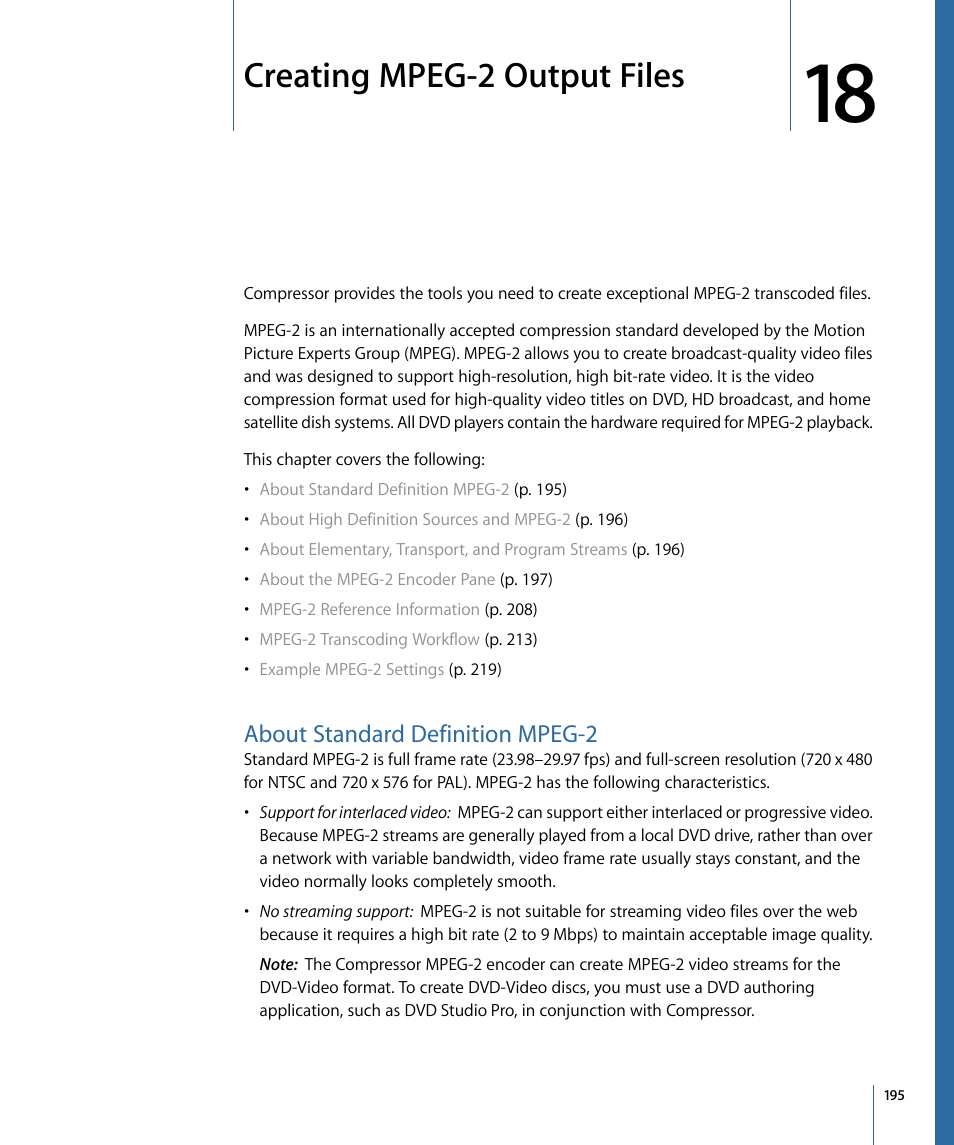 Creating mpeg-2 output files, About standard definition mpeg-2 | Apple Compressor 3 User Manual | Page 195 / 368