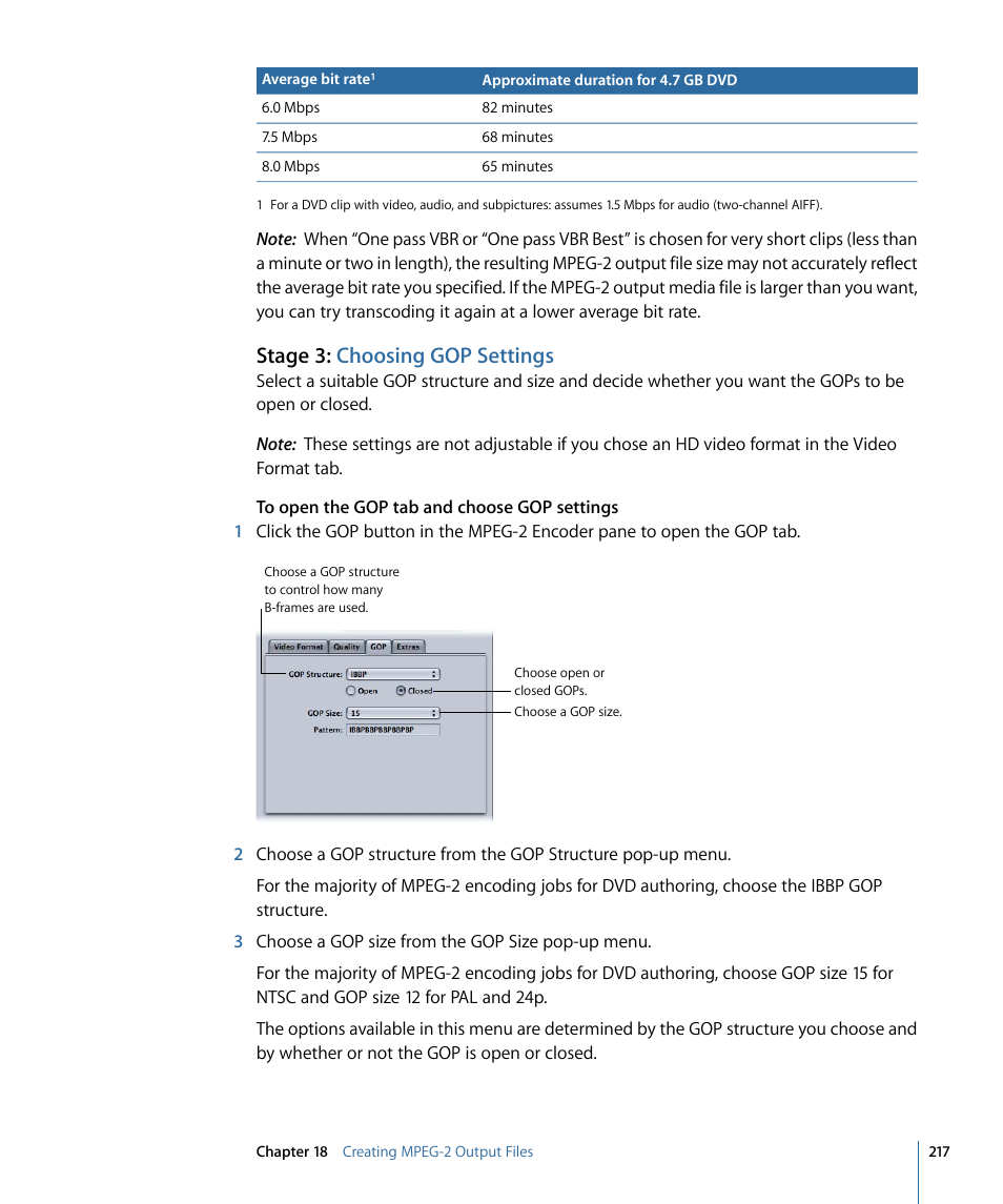 Stage 3: choosing gop settings | Apple Compressor 3 User Manual | Page 217 / 368