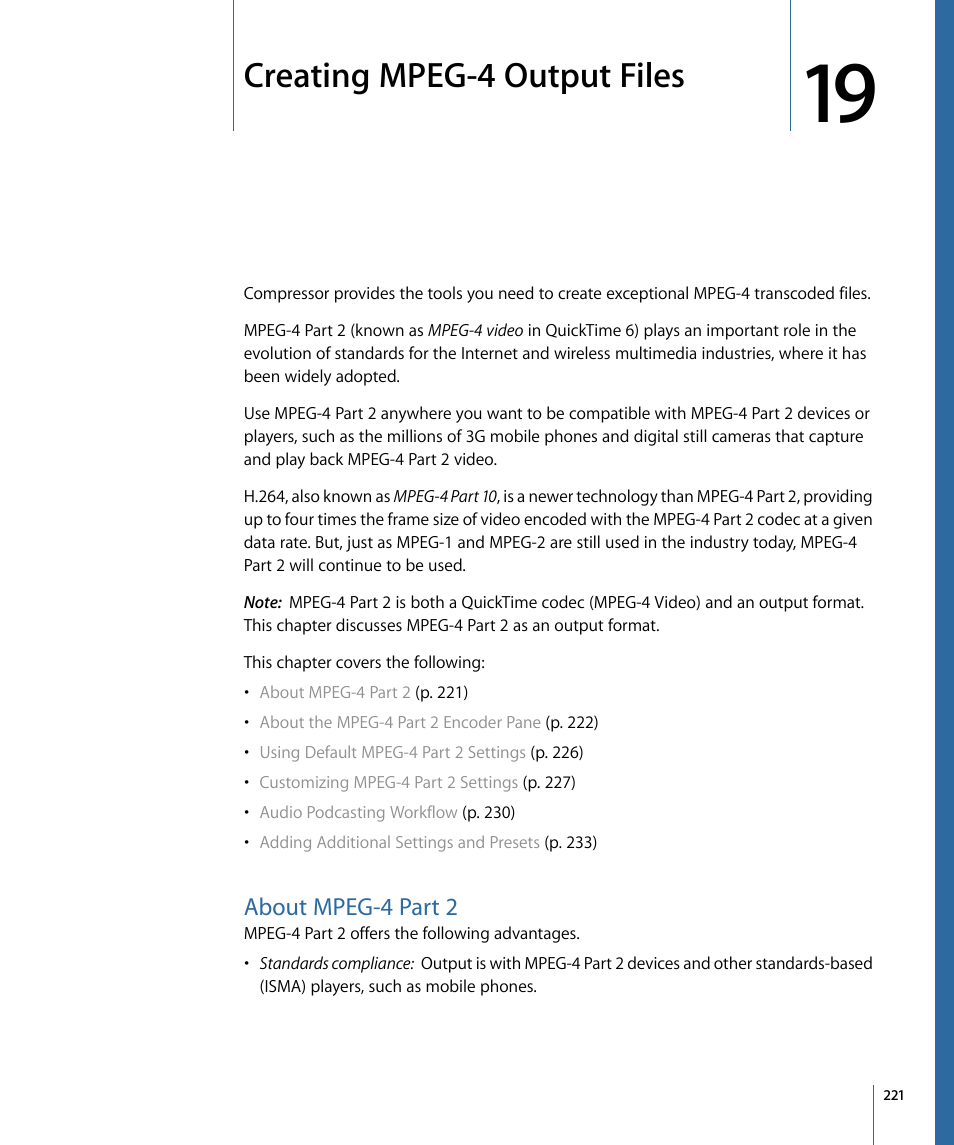 Creating mpeg-4 output files, About mpeg-4 part 2 | Apple Compressor 3 User Manual | Page 221 / 368