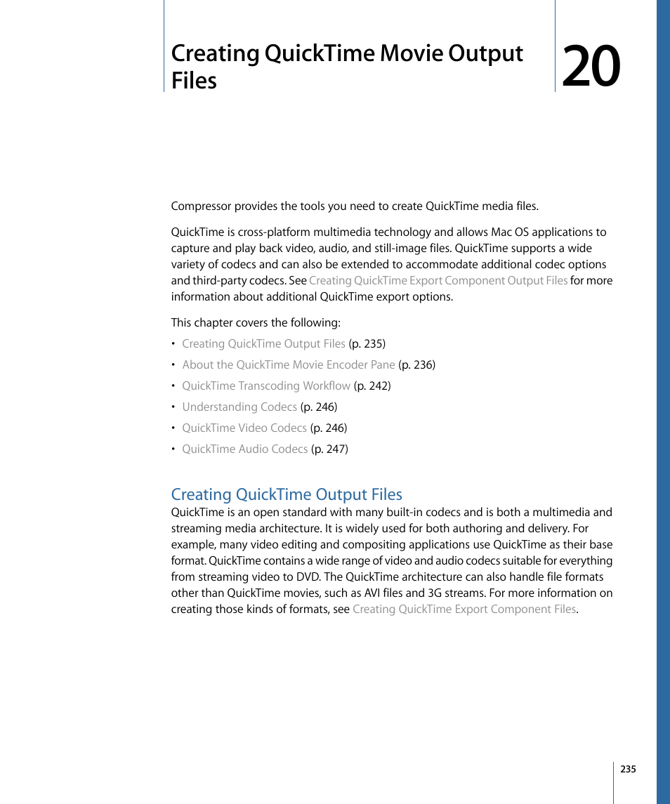 Creating quicktime movie output files, Creating quicktime output files | Apple Compressor 3 User Manual | Page 235 / 368