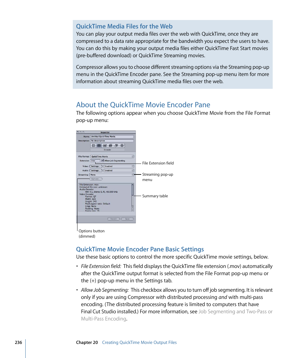 About the quicktime movie encoder pane, Quicktime movie encoder pane basic settings, Quicktime media files for the web | Apple Compressor 3 User Manual | Page 236 / 368