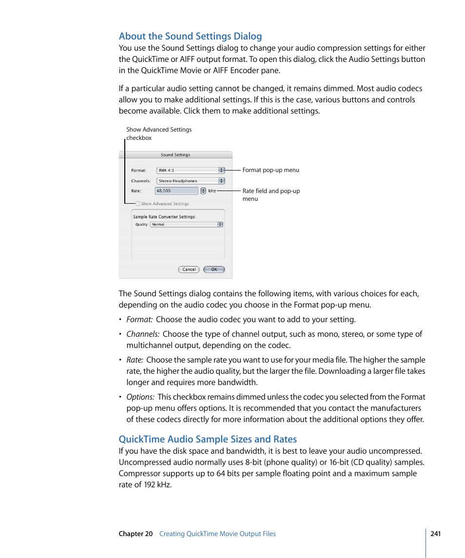 About the sound settings dialog, Quicktime audio sample sizes and rates | Apple Compressor 3 User Manual | Page 241 / 368