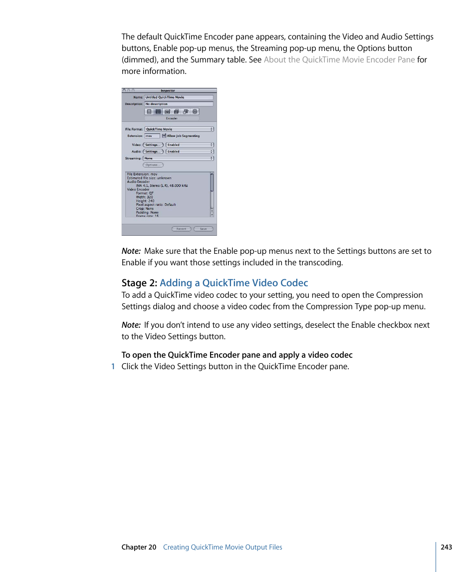 Stage 2: adding a quicktime video codec, Stage 2: adding a, Quicktime video codec | Apple Compressor 3 User Manual | Page 243 / 368