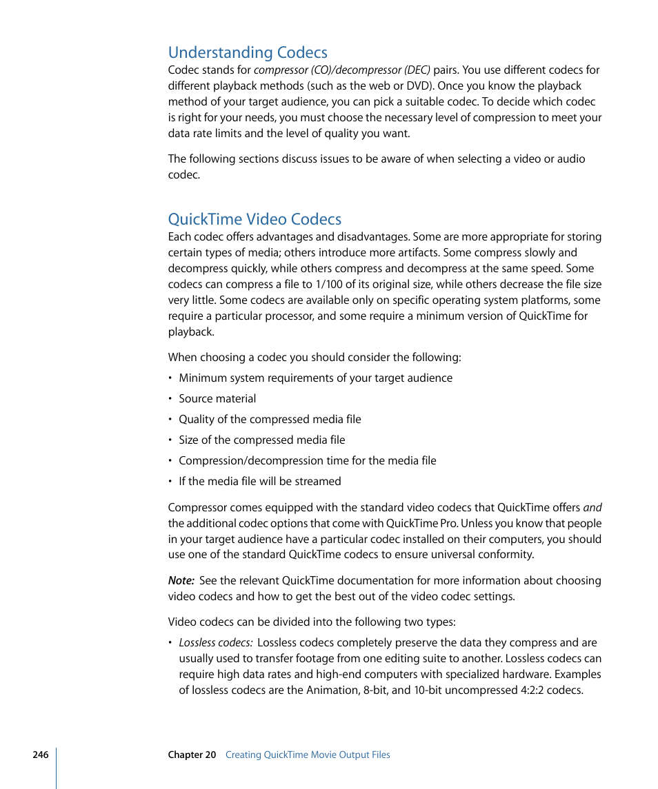 Understanding codecs, Quicktime video codecs | Apple Compressor 3 User Manual | Page 246 / 368