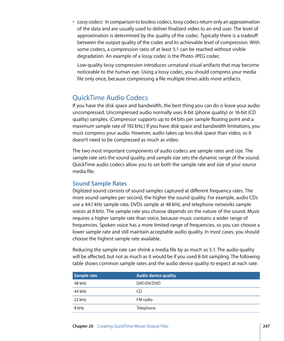 Quicktime audio codecs, Sound sample rates | Apple Compressor 3 User Manual | Page 247 / 368