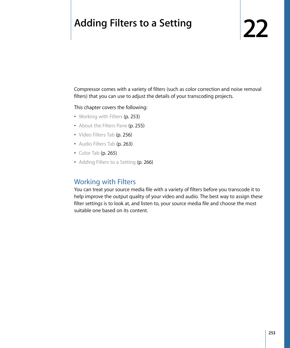 Adding filters to a setting, Working with filters | Apple Compressor 3 User Manual | Page 253 / 368