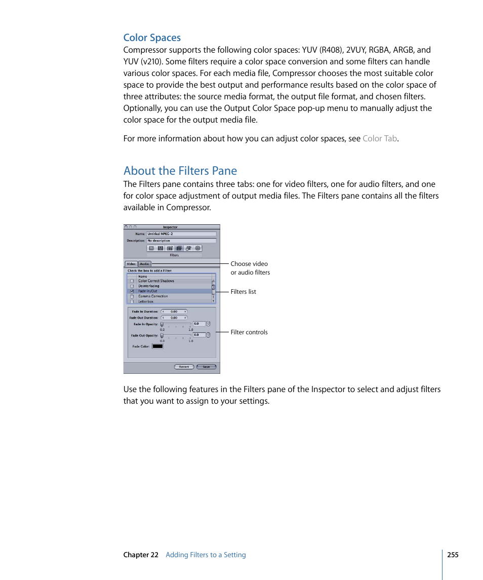 Color spaces, About the filters pane | Apple Compressor 3 User Manual | Page 255 / 368