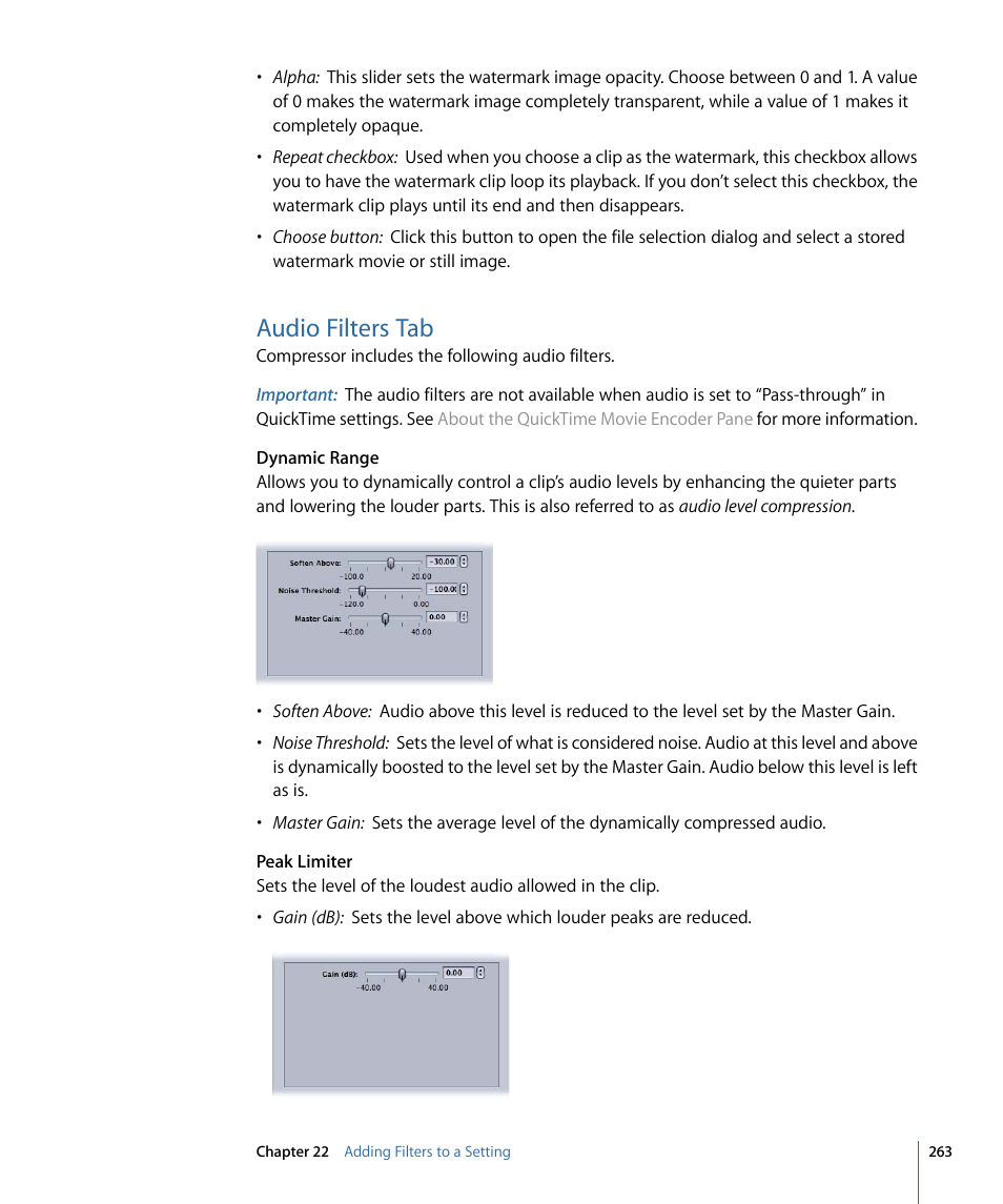 Audio filters tab | Apple Compressor 3 User Manual | Page 263 / 368