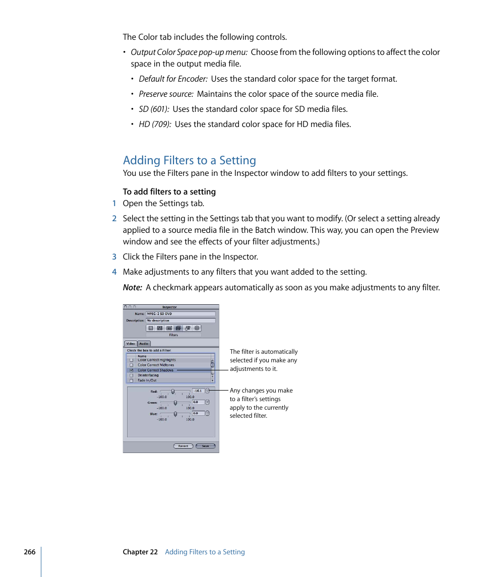 Adding filters to a setting | Apple Compressor 3 User Manual | Page 266 / 368