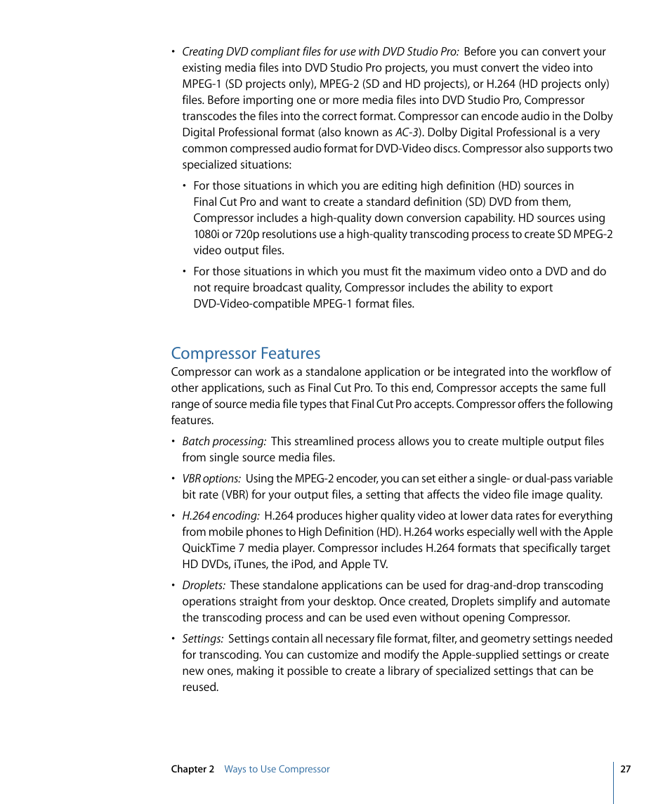 Compressor features | Apple Compressor 3 User Manual | Page 27 / 368