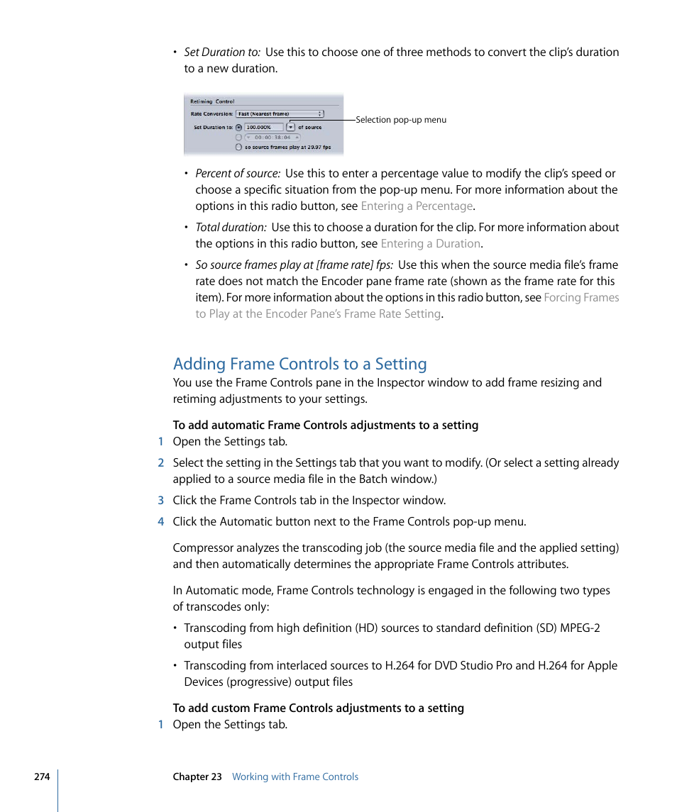 Adding frame controls to a setting | Apple Compressor 3 User Manual | Page 274 / 368