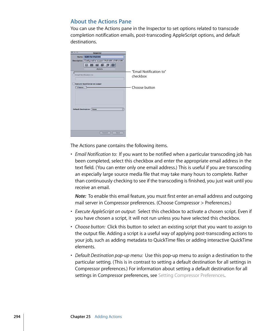 About the actions pane | Apple Compressor 3 User Manual | Page 294 / 368