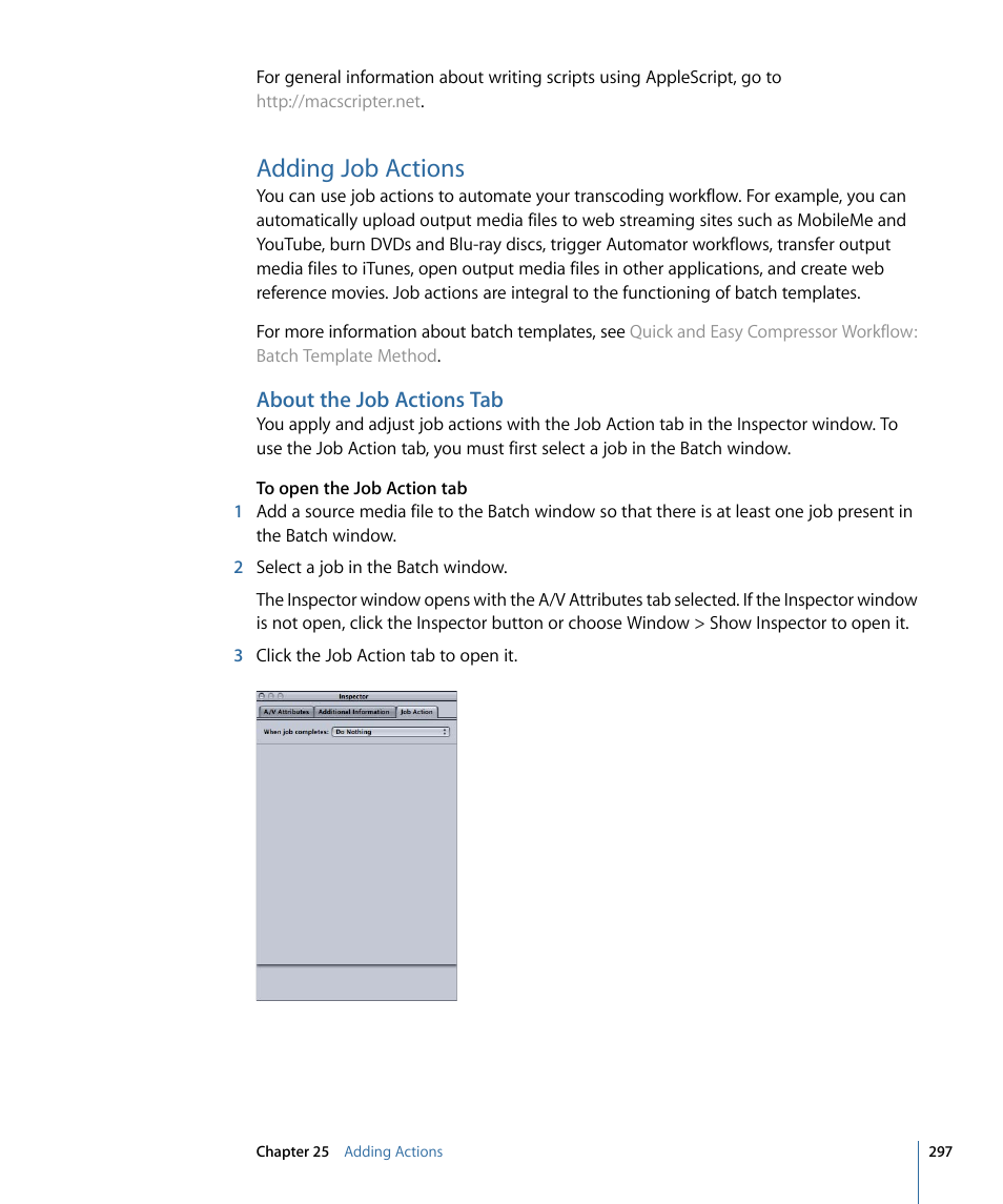 Adding job actions, About the job actions tab | Apple Compressor 3 User Manual | Page 297 / 368