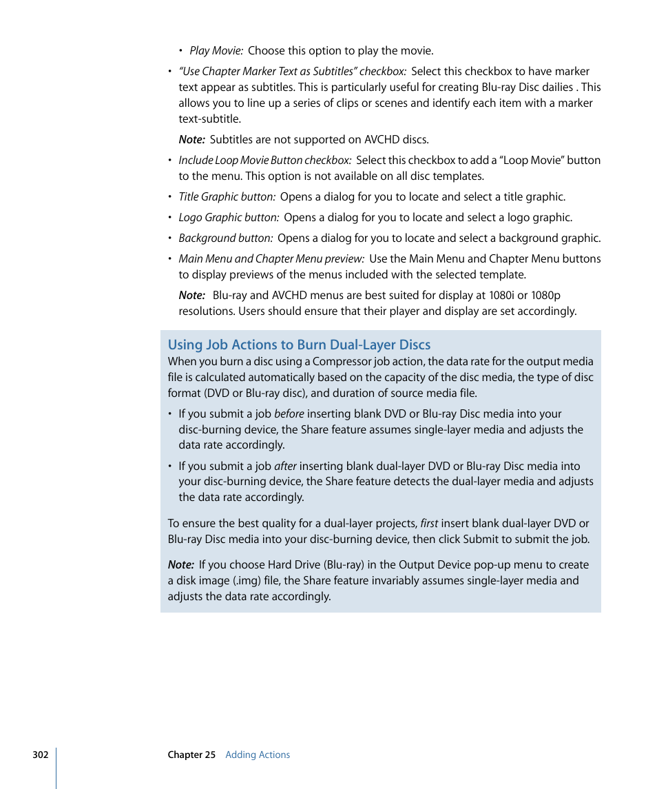 Using job actions to burn dual-layer discs | Apple Compressor 3 User Manual | Page 302 / 368