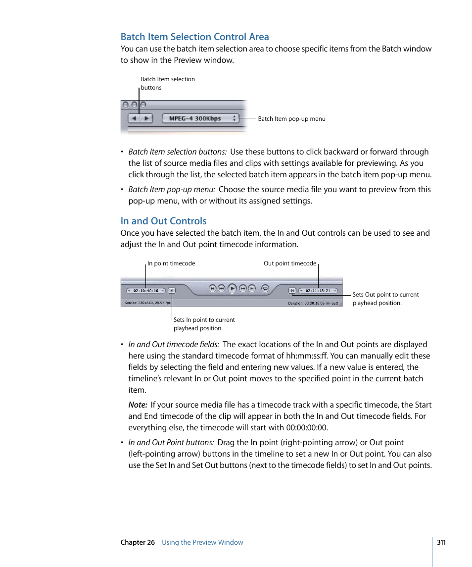 Batch item selection control area, In and out controls | Apple Compressor 3 User Manual | Page 311 / 368