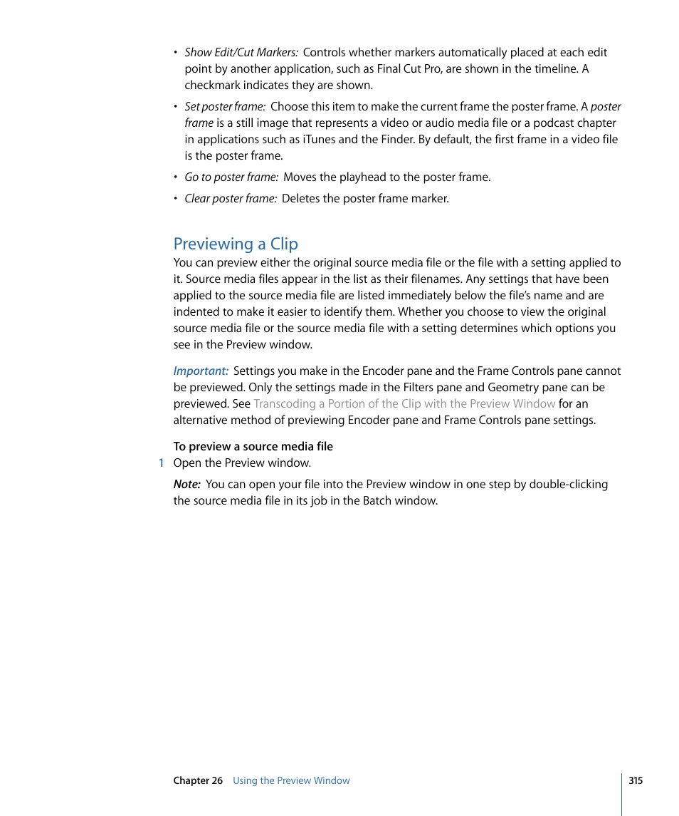 Previewing a clip | Apple Compressor 3 User Manual | Page 315 / 368