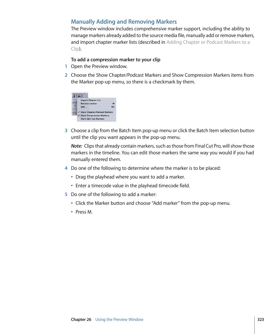 Manually adding and removing markers | Apple Compressor 3 User Manual | Page 323 / 368