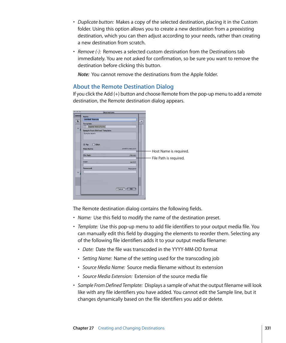 About the remote destination dialog | Apple Compressor 3 User Manual | Page 331 / 368