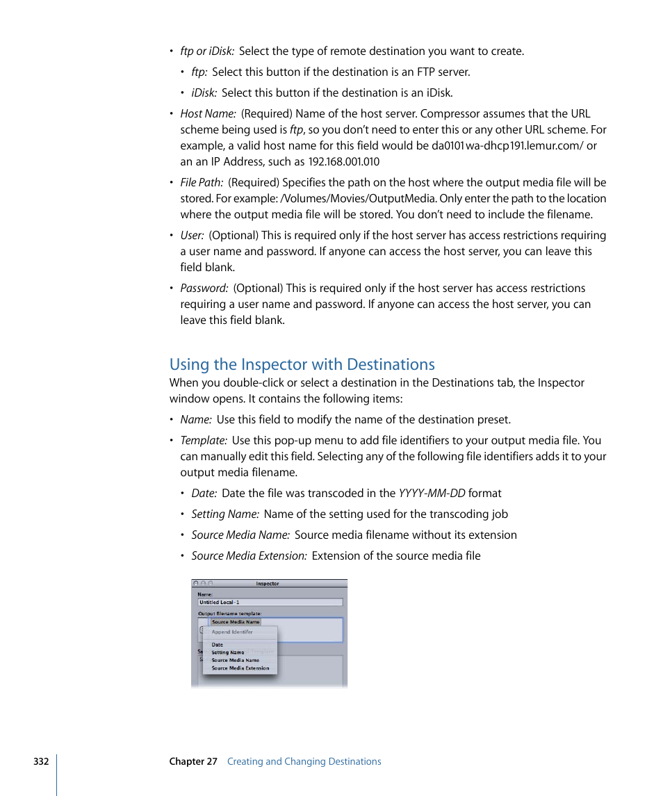 Using the inspector with destinations | Apple Compressor 3 User Manual | Page 332 / 368