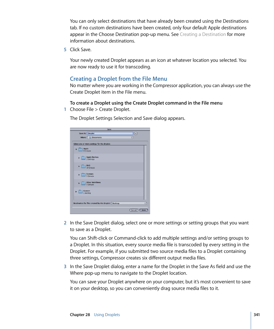 Creating a droplet from the file menu | Apple Compressor 3 User Manual | Page 341 / 368