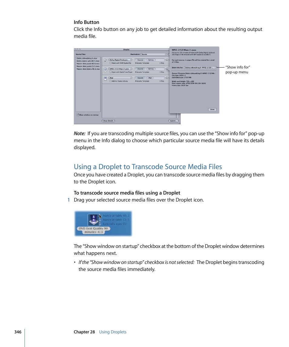 Using a droplet to transcode source media files | Apple Compressor 3 User Manual | Page 346 / 368