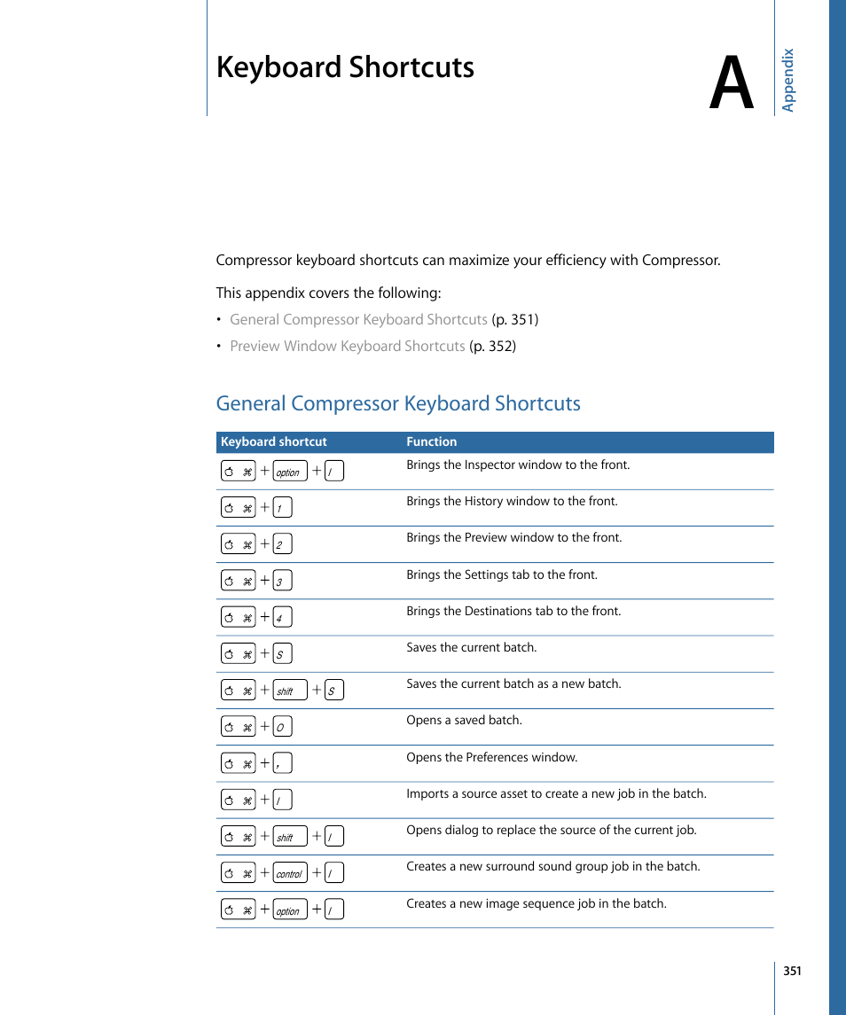 Appendix a: keyboard shortcuts, General compressor keyboard shortcuts, Keyboard shortcuts | General compressor | Apple Compressor 3 User Manual | Page 351 / 368