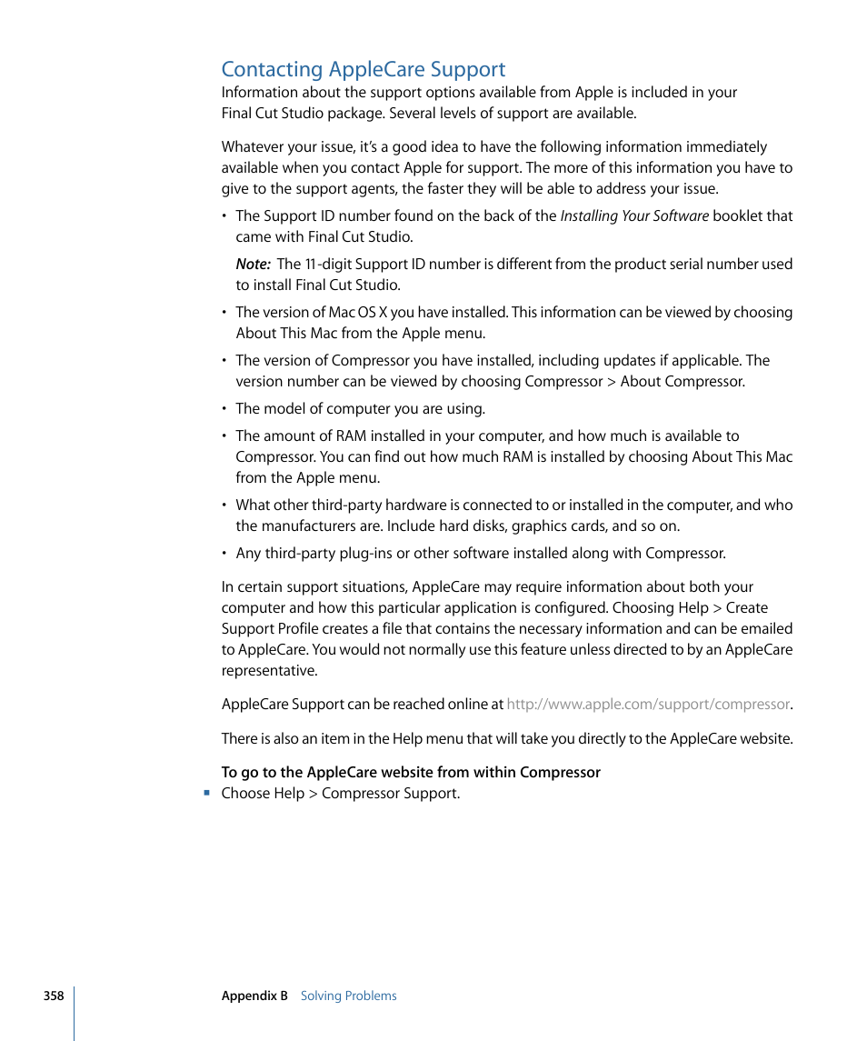Contacting applecare support | Apple Compressor 3 User Manual | Page 358 / 368