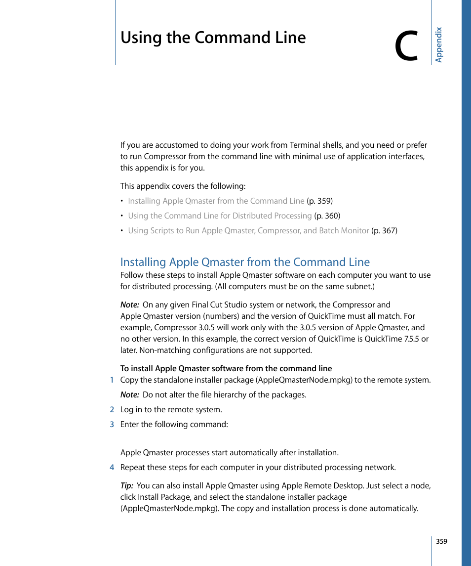 Appendix c: using the command line, Installing apple qmaster from the command line, Using the command line | Apple Compressor 3 User Manual | Page 359 / 368