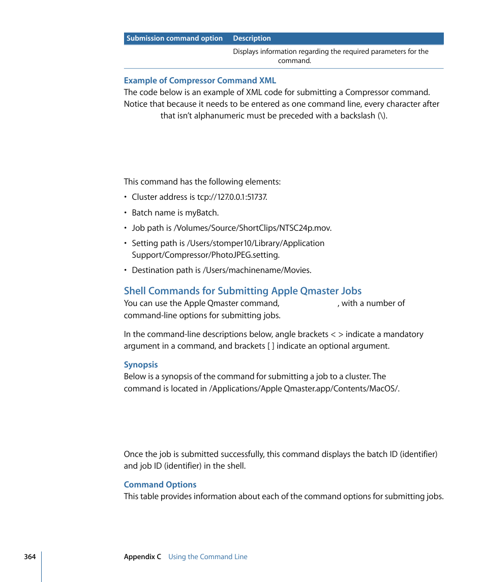 Example of compressor command xml, Shell commands for submitting apple qmaster jobs, Synopsis | Command options | Apple Compressor 3 User Manual | Page 364 / 368