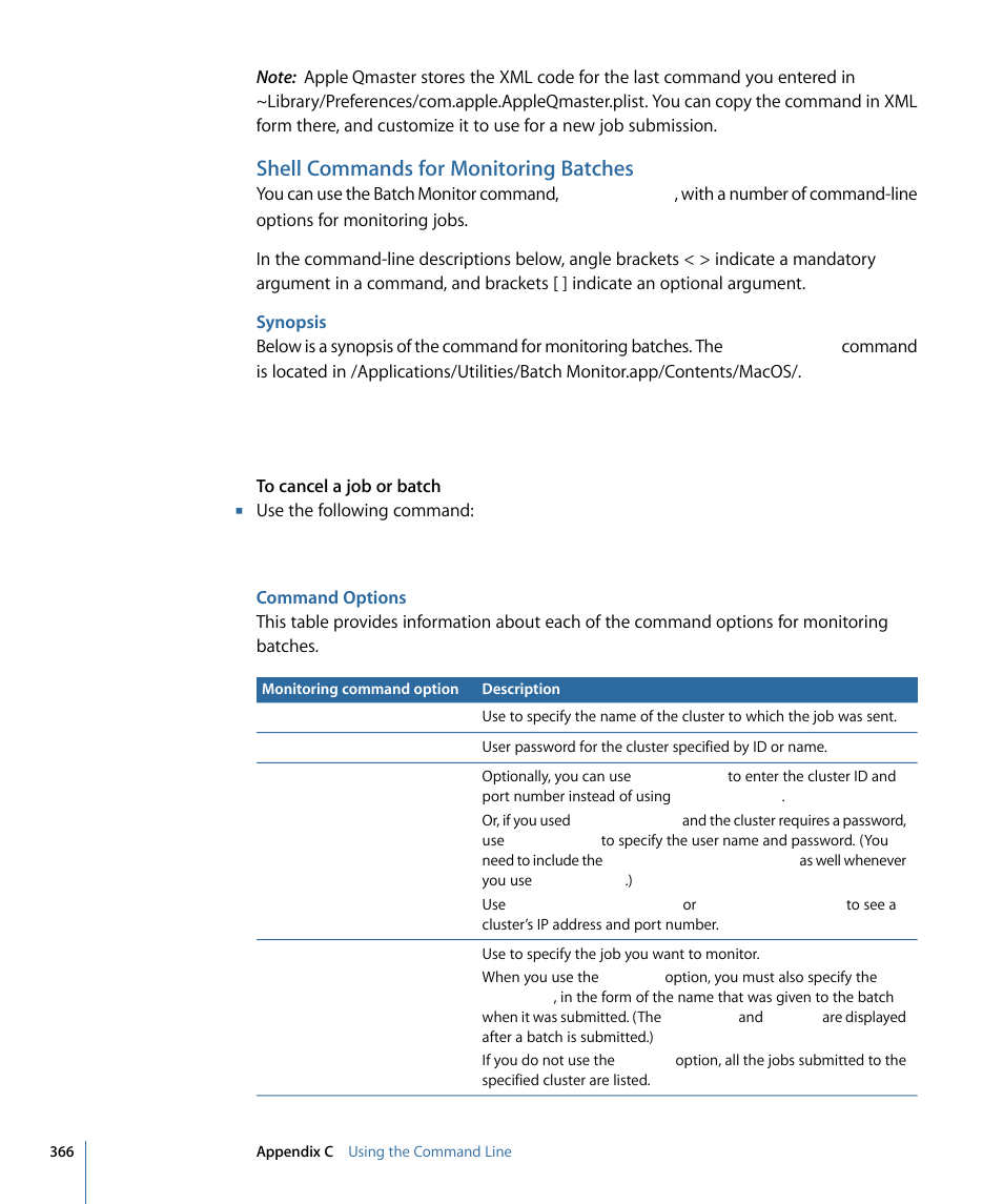 Shell commands for monitoring batches, Synopsis, Command options | Apple Compressor 3 User Manual | Page 366 / 368