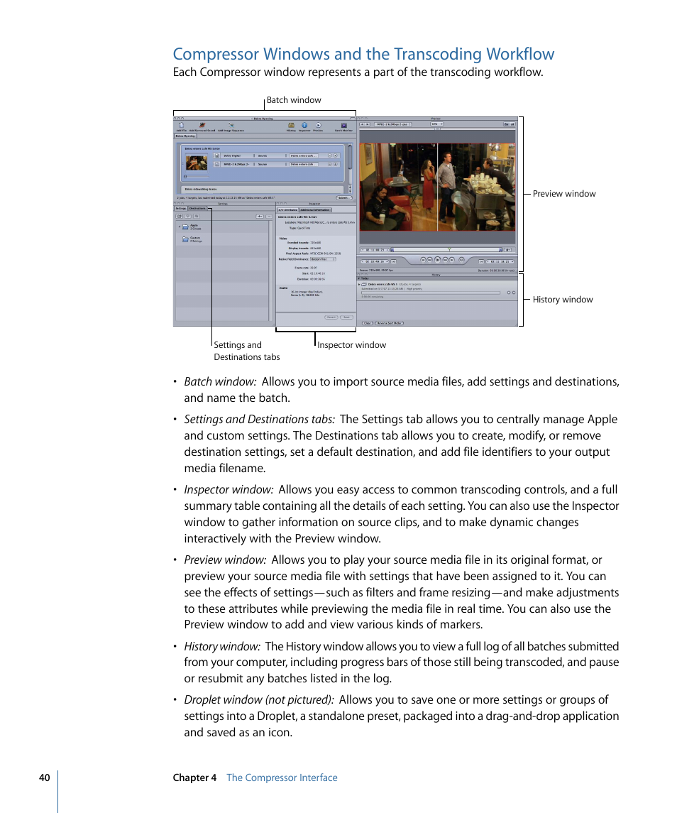 Compressor windows and the transcoding workflow | Apple Compressor 3 User Manual | Page 40 / 368