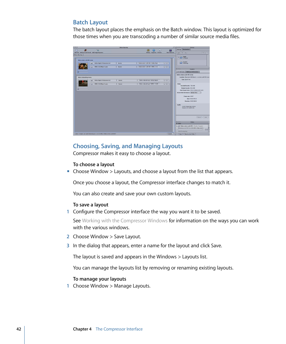 Batch layout, Choosing, saving, and managing layouts | Apple Compressor 3 User Manual | Page 42 / 368