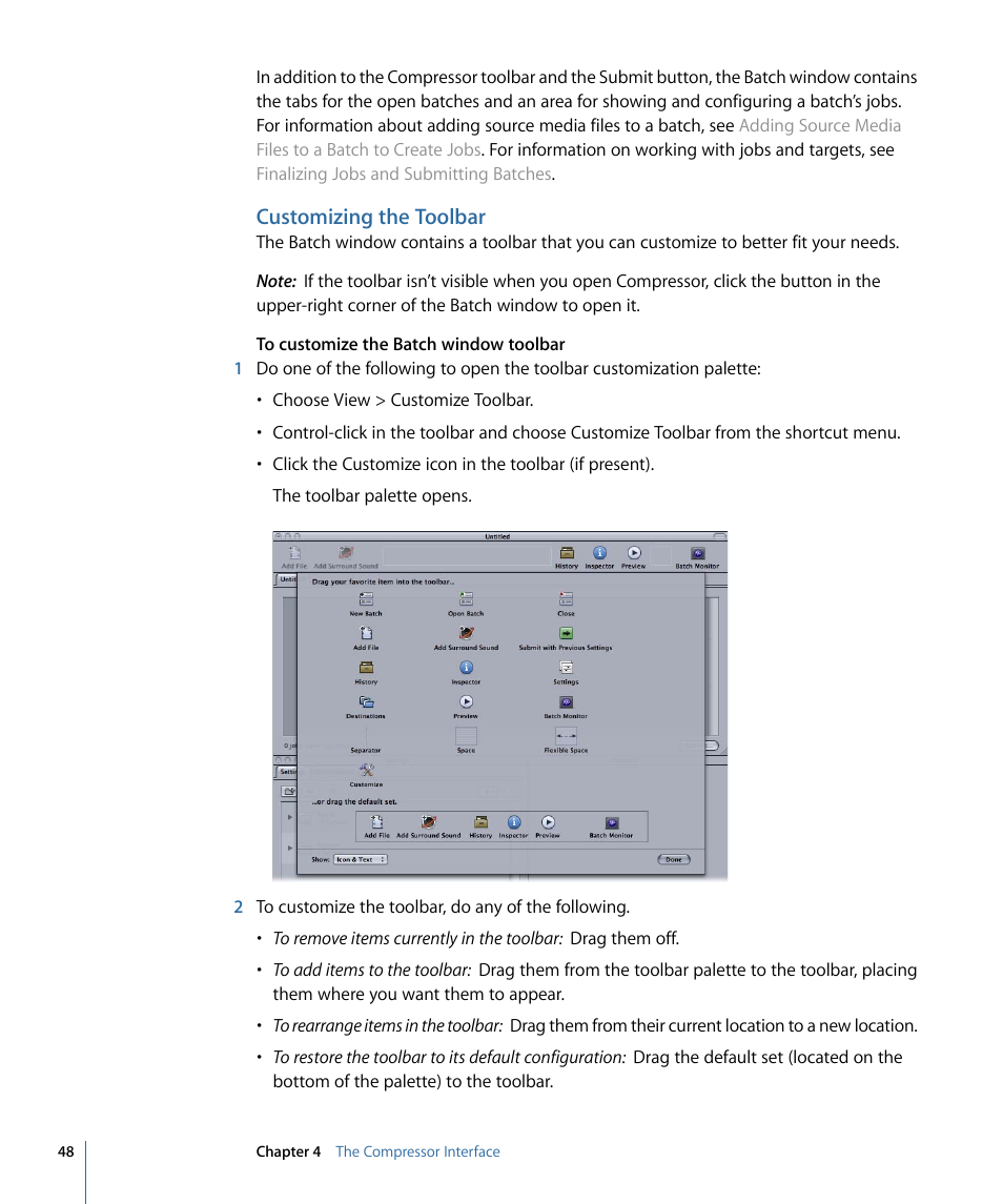 Customizing the toolbar | Apple Compressor 3 User Manual | Page 48 / 368