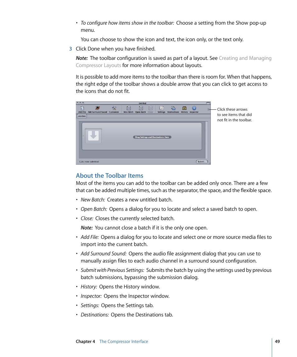 About the toolbar items | Apple Compressor 3 User Manual | Page 49 / 368