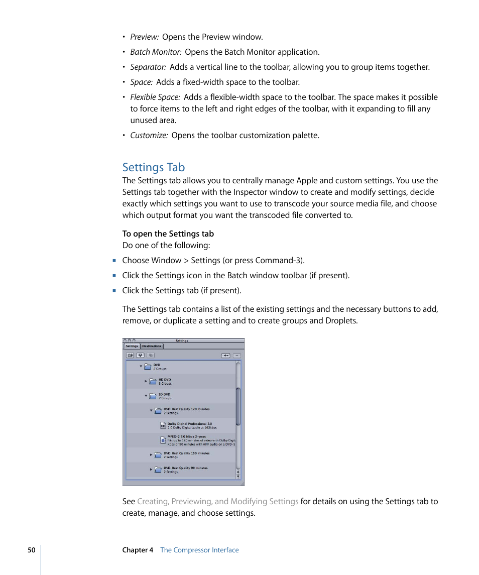 Settings tab | Apple Compressor 3 User Manual | Page 50 / 368