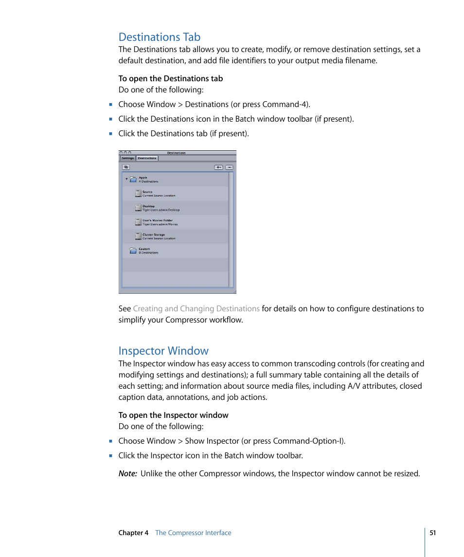 Destinations tab, Inspector window | Apple Compressor 3 User Manual | Page 51 / 368