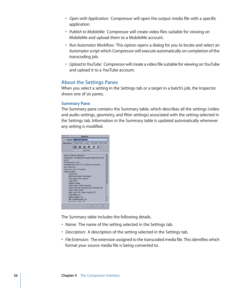 About the settings panes, Summary pane | Apple Compressor 3 User Manual | Page 56 / 368