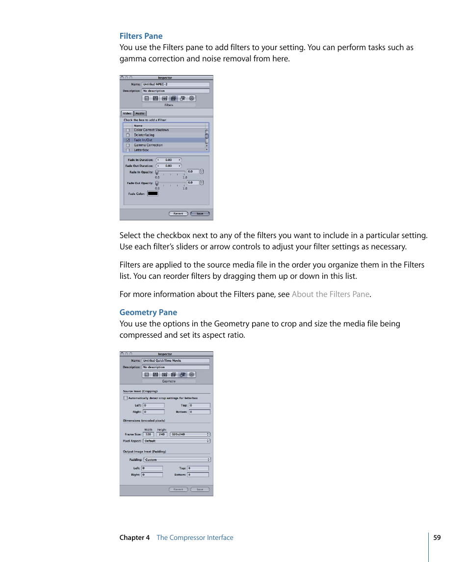 Filters pane, Geometry pane | Apple Compressor 3 User Manual | Page 59 / 368