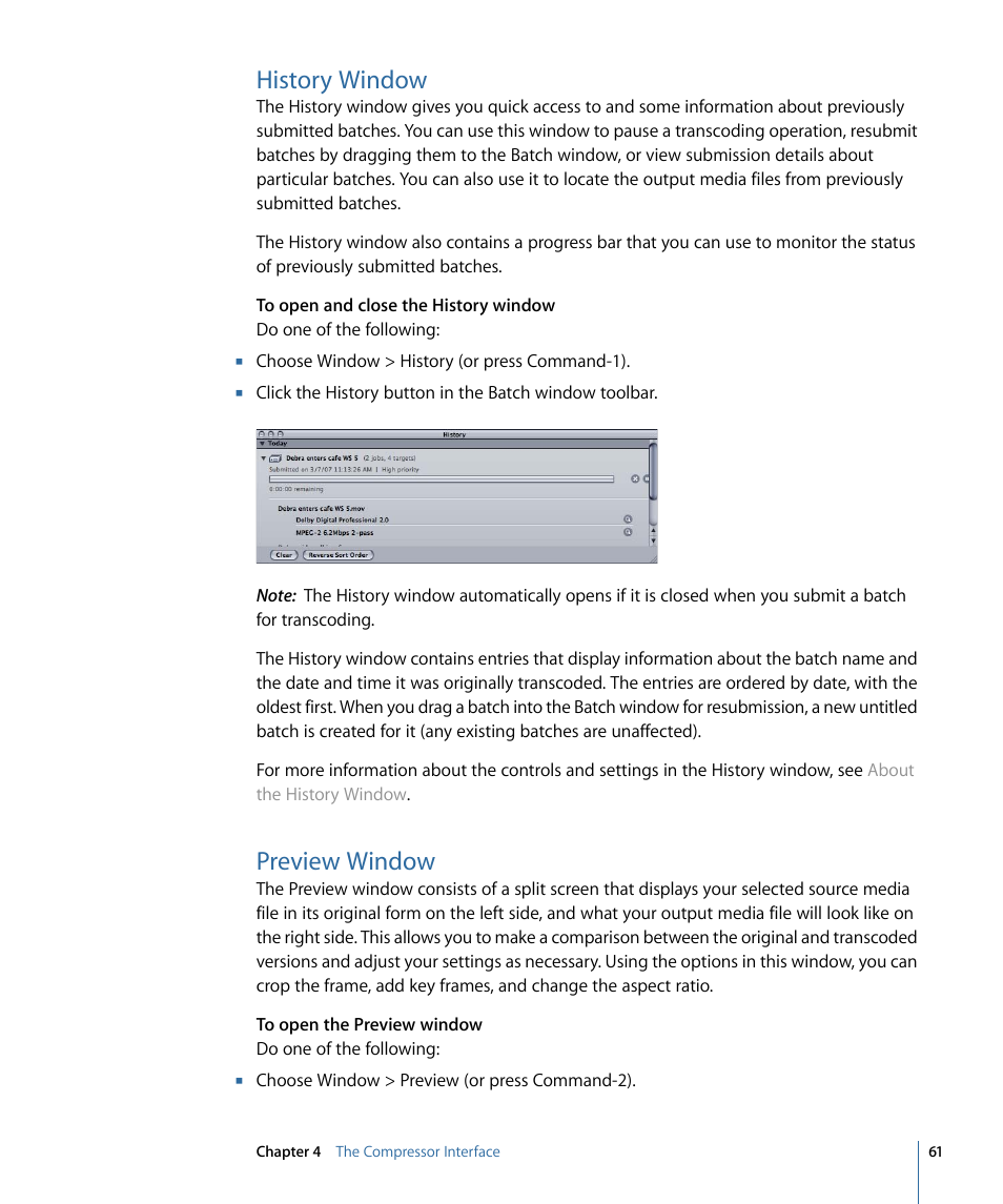 History window, Preview window | Apple Compressor 3 User Manual | Page 61 / 368