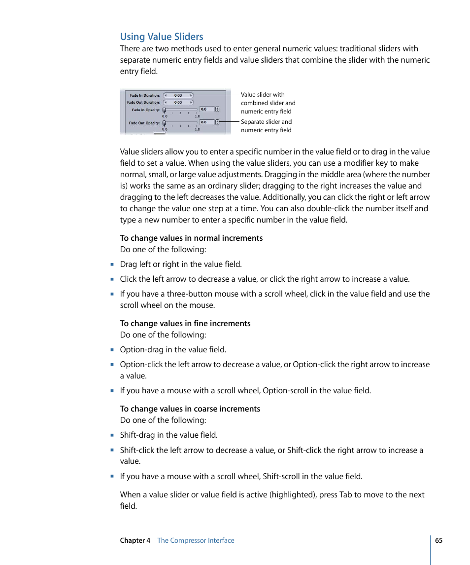 Using value sliders | Apple Compressor 3 User Manual | Page 65 / 368