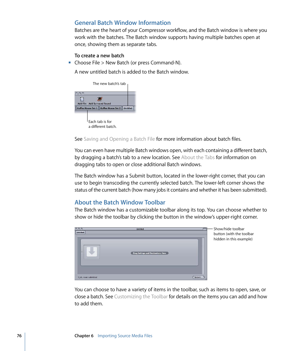 General batch window information, About the batch window toolbar | Apple Compressor 3 User Manual | Page 76 / 368