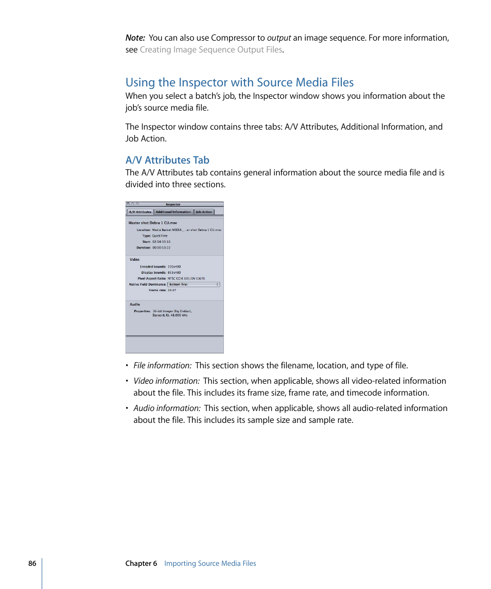 Using the inspector with source media files, A/v attributes tab | Apple Compressor 3 User Manual | Page 86 / 368